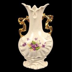 VTG Hawaii Delight Ceramic Bouquet Vase With Purple Flowers Gold Finish Handles